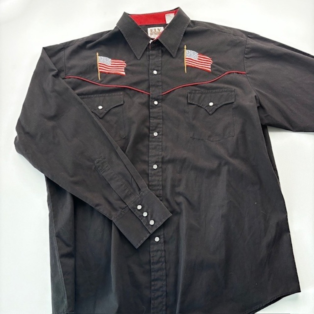 ELY CATTLEMAN Mens Black Western Shirt American Flag  "Land of the Free" XL